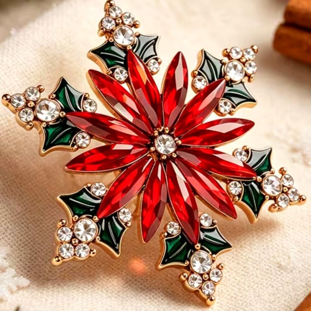 Christmas Poinsettia Brooch Red Green Rhinestone Crystal Gold Tone Holiday Pin